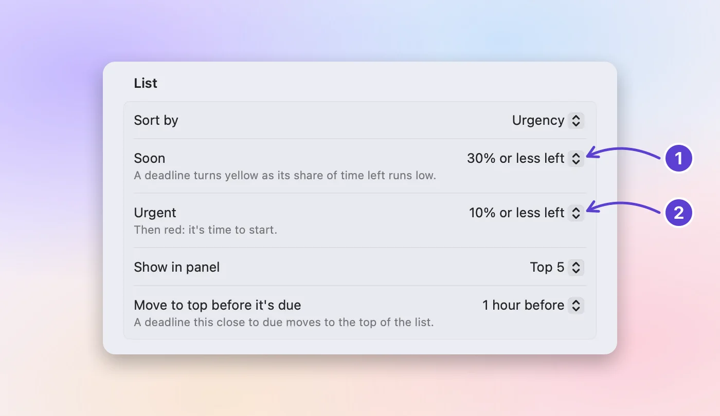 Settings, General pane, with Soon set to Below 30% left and Urgent set to Below 10% left.