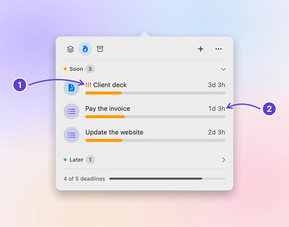 Up Next with three yellow Tasks in Soon: a !!! client deck due in 3 days first, then an invoice due in 1 day, then a website update due in 2 days.