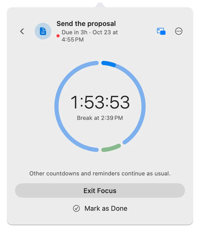 The Focus page counting down a session on Send the proposal