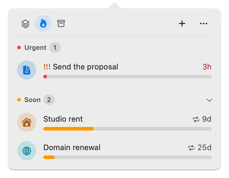 The panel listing deadlines by urgency, with Send the proposal first in red